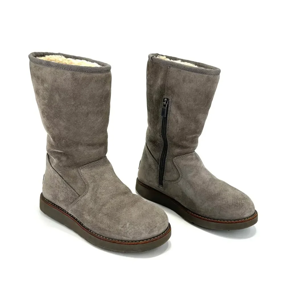 UGG Australia Gray Short Winter Boot Sz 6 Suede Wool Cold Weather Flat Mid-Calf